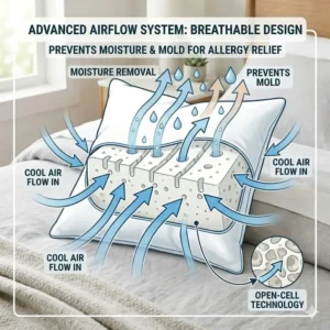 Technical diagram showing advanced airflow and breathability in the best pillow for people with allergies to prevent mold.