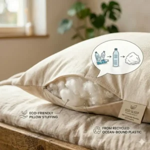 An illustration of the recycled fiber fill used in an eco-friendly pillow sustainable materials.