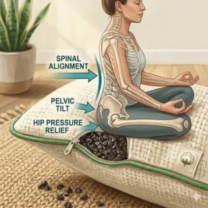 Diagram showing spinal alignment benefits of using a meditation pillow cushion organic cotton.