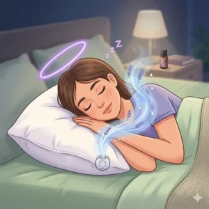 A person sleeping peacefully on a pillow with aromatherapy diffuser with calming mist.
