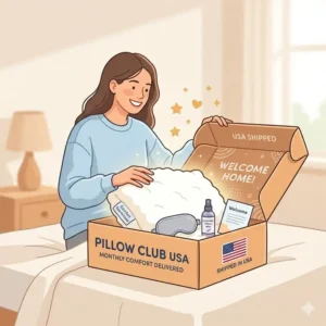 A happy customer unboxing their monthly delivery from a top-rated pillow subscription box USA.