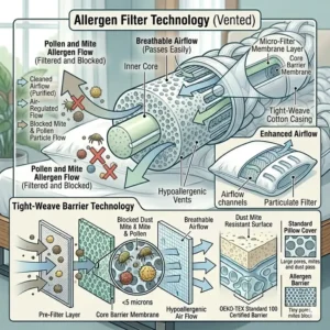 Official health and safety certification labels for a certified hypoallergenic pillow for asthma sufferers.