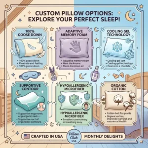 Various custom pillow types available for selection in your personalized pillow subscription box USA.