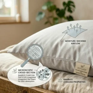 A close-up illustration of the cooling bamboo fabric on an eco-friendly pillow sustainable materials.
