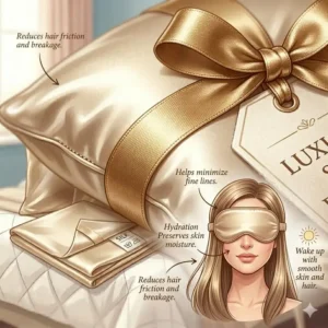 An illustration of the luxury silk pillowcase with pillow bundle gift packaging.