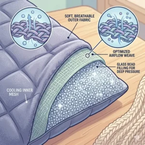 A detailed view of the soft fabric and glass bead filling inside a weighted pillow for anxiety relief.