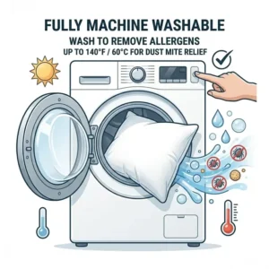A washing machine icon illustrating that the best pillow for people with allergies should be fully machine washable.