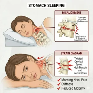 Illustration of stomach sleeping posture explaining why do i wake up with neck pain every morning.