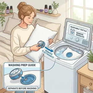 Step-by-step guide on how to remove electronics from the pillow with aromatherapy diffuser for washing.