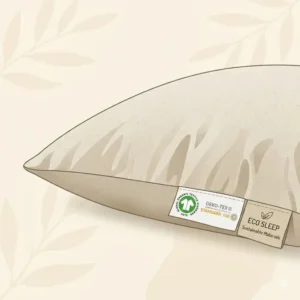 Graphic displaying the GOTS and OEKO-TEX certified labels on an eco-friendly pillow sustainable materials.