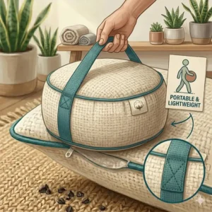 Sturdy carrying handle design for a portable meditation pillow cushion organic cotton.