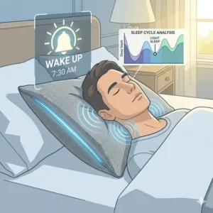 Smart alarm function using gentle vibrations on a smart pillow with sleep tracking.