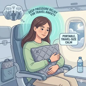 A traveler using a portable weighted pillow for anxiety relief to stay calm during a long flight.