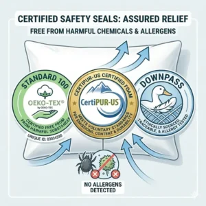 Safety certification seals like OEKO-TEX displayed on the best pillow for people with allergies to ensure it is chemical-free.
