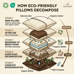 An infographic showing how an eco-friendly pillow sustainable materials breaks down and biodegrades.