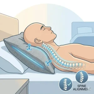 Ergonomic neck support and spinal alignment of a smart pillow with sleep tracking.