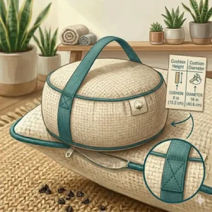 Detailed product dimensions and height of the meditation pillow cushion organic cotton.