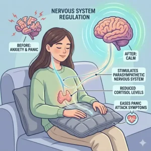 An infographic explaining how a weighted pillow for anxiety relief helps regulate the nervous system.