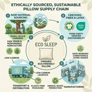 An illustration mapping the transparent and ethical sourcing process for an eco-friendly pillow sustainable materials.