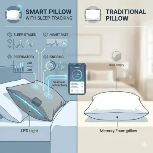 Infographic comparing a traditional pillow vs a smart pillow with sleep tracking.