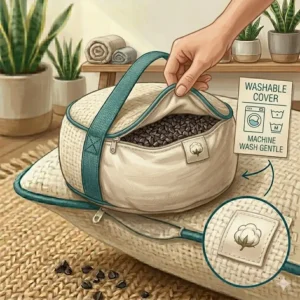 Showing the easy-to-remove and washable cover of the meditation pillow cushion organic cotton.