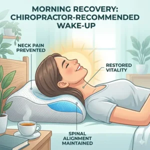 A person waking up without neck pain thanks to an orthopedic pillow recommended by chiropractors.