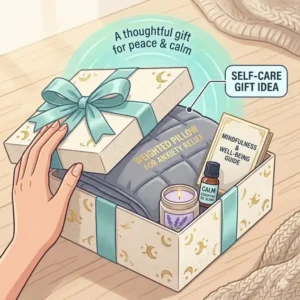 A beautifully packaged self-care gift box featuring a weighted pillow for anxiety relief.
