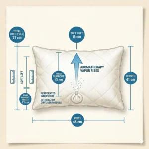 Detailed dimensions and height measurements for a standard pillow with aromatherapy diffuser.