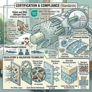 Illustration of various sleeping positions supported by an ergonomic hypoallergenic pillow for asthma sufferers.