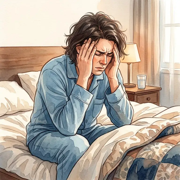 Featured Image: A person sitting on a bed holding their head in pain, wondering why do i get headaches after sleeping.