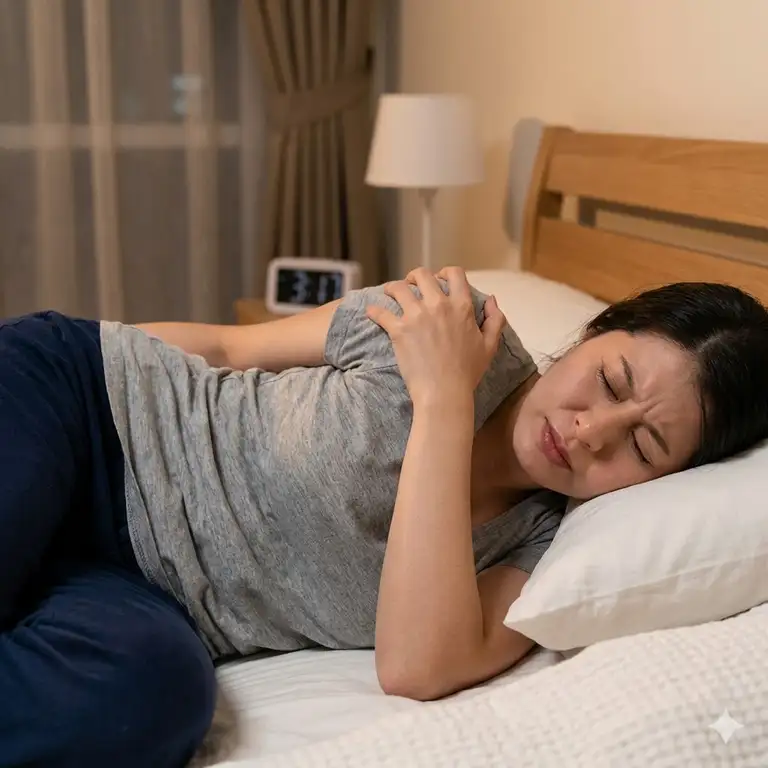 A person lying in bed looking uncomfortable and holding their shoulder due to side-sleeping pain.why does my shoulder hurt when i sleep on side