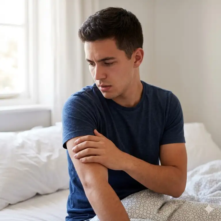 A person waking up in bed and touching their shoulder, wondering why do i feel numb arms when sleeping.