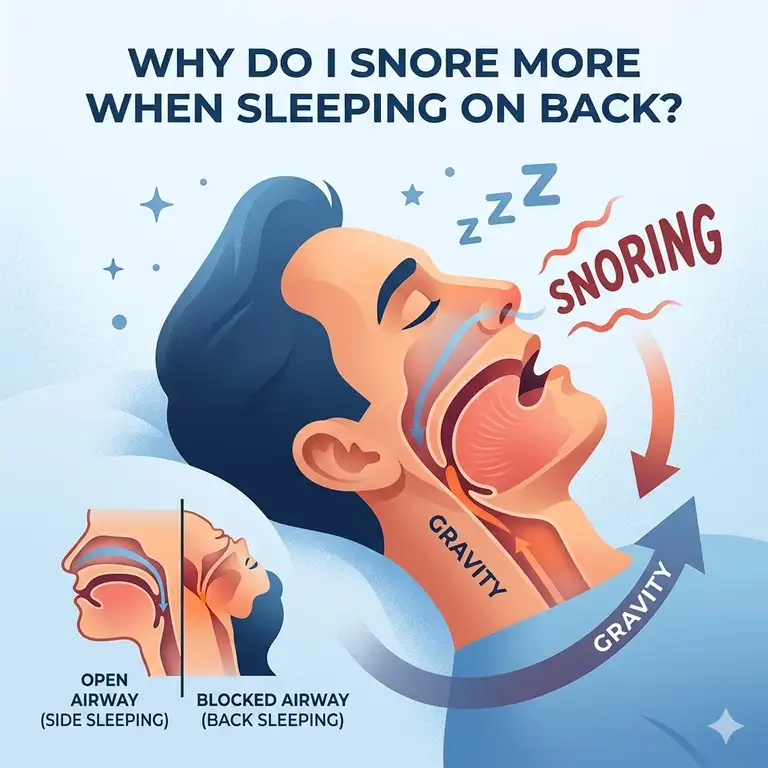 A detailed medical illustration explaining why do i snore more when sleeping on back with a focus on airway obstruction.