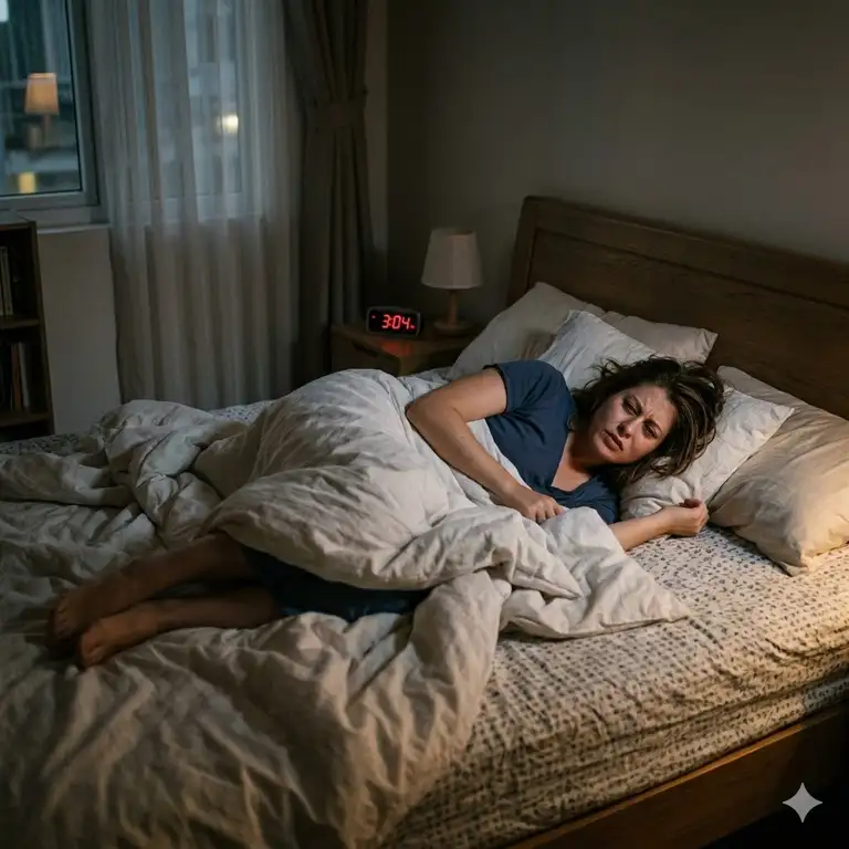 A frustrated person lying in bed at night, struggling to find a comfortable position and explaining why do i toss and turn all night.