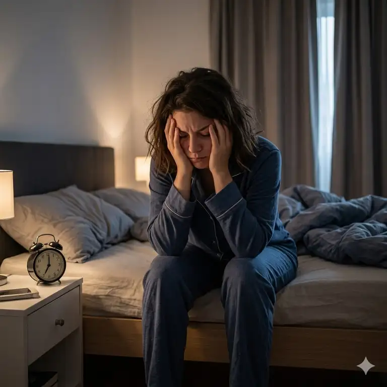 A tired person sitting on a bed wondering why do i wake up tired even after 8 hours of sleep.