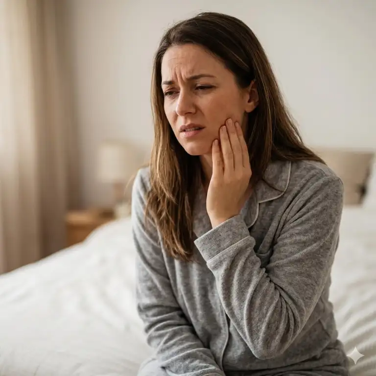 A person waking up in bed feeling discomfort, illustrating why do i wake up with jaw pain tmj.