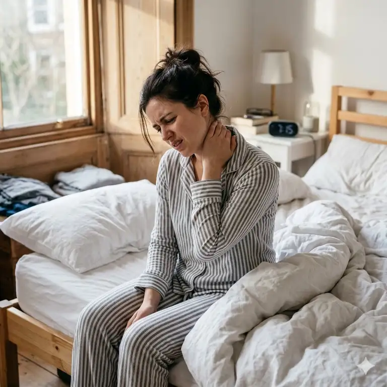 A woman sitting on her bed in the morning wondering why do i wake up with stiff neck.