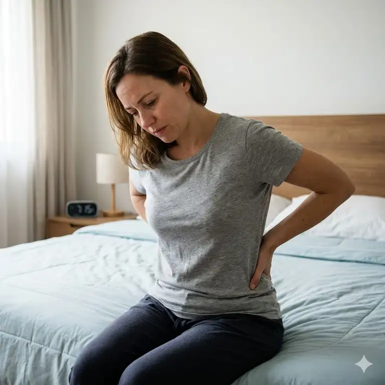 A person sitting on the edge of a bed holding their lower back in discomfort after waking up. It helps visualize the question, why does my back hurt after sleeping.