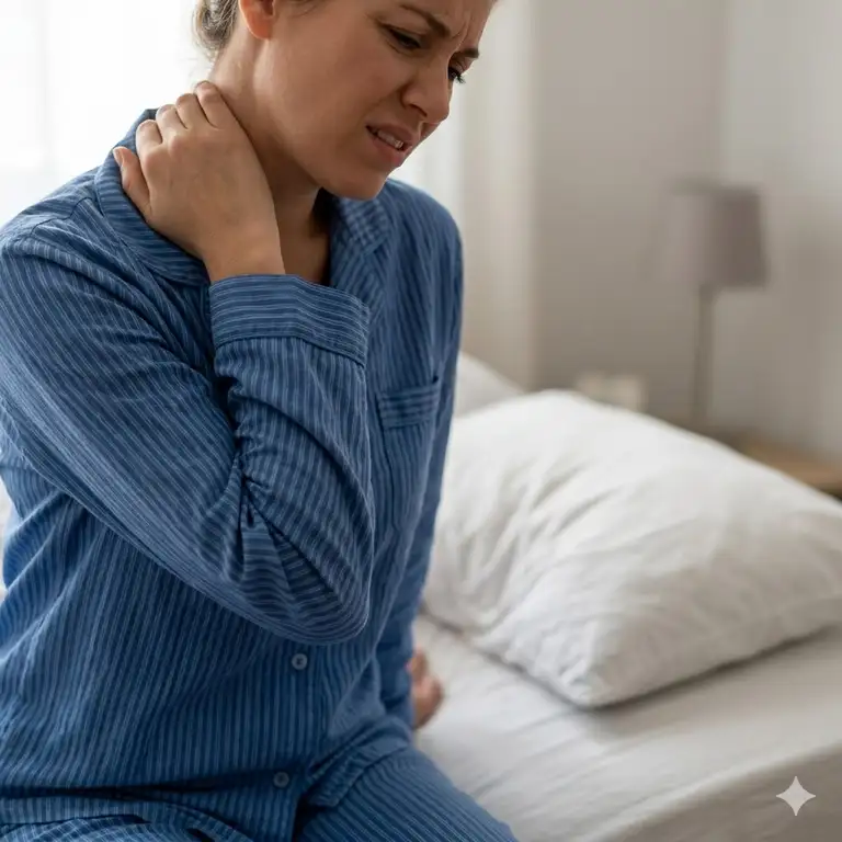 A person waking up with discomfort explaining why does my pillow cause neck pain.