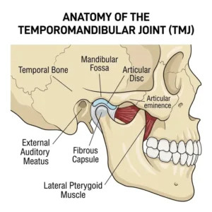 Medical diagram of the jaw joint explaining why do i wake up with jaw pain tmj anatomy.