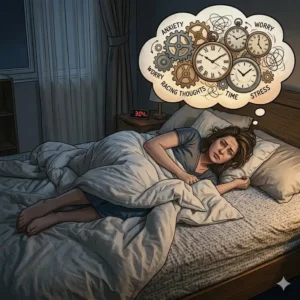 Illustration of a person in bed with a thought bubble filled with gears and stress, showing how anxiety answers why do i toss and turn all night.