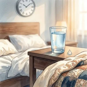 Illustration 1: A glass of water on a nightstand representing dehydration as a reason for why do i get headaches after sleeping.