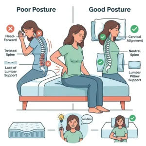 An illustration showing the effects of poor sleeping posture on spinal alignment, explaining why does my back hurt after sleeping.