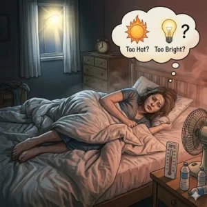 A bedroom scene showing common environmental reasons why do i toss and turn all night, such as room temperature and light.