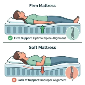 A comparison diagram of how firm and soft mattresses support the lumbar spine during sleep, addressing the question, why does my back hurt after sleeping.