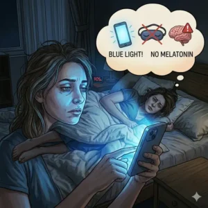 An illustration of a person using a smartphone in the dark, highlighting blue light as a reason why do i toss and turn all night.