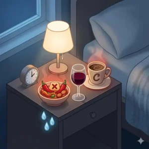 Spicy food and alcohol on a nightstand as dietary causes for why do i sweat while sleeping at night.