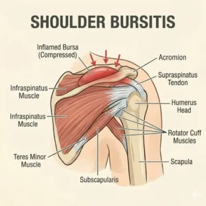 Illustration of a frozen shoulder joint with thickened, inflamed connective tissue causing stiffness and nocturnal pain.