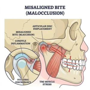 A misaligned bite (malocclusion) demonstrating why do i wake up with jaw pain tmj.