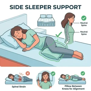 An illustration of a side sleeper using a pillow between their knees to reduce hip strain, which can be an answer to why does my back hurt after sleeping.